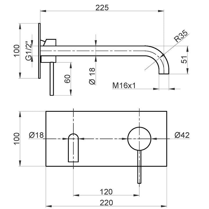 SET ESTERNO PER MISCELATORE LAVABO A PARETE, PIASTRA UNICA RETTANGOLARE, BOCCA 225MM - VERSILIA NERO OPACO