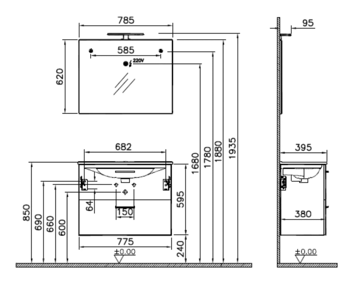 Mobile bagno sospeso da 80 centimetri con lavabo specchio luce Mia Vitra